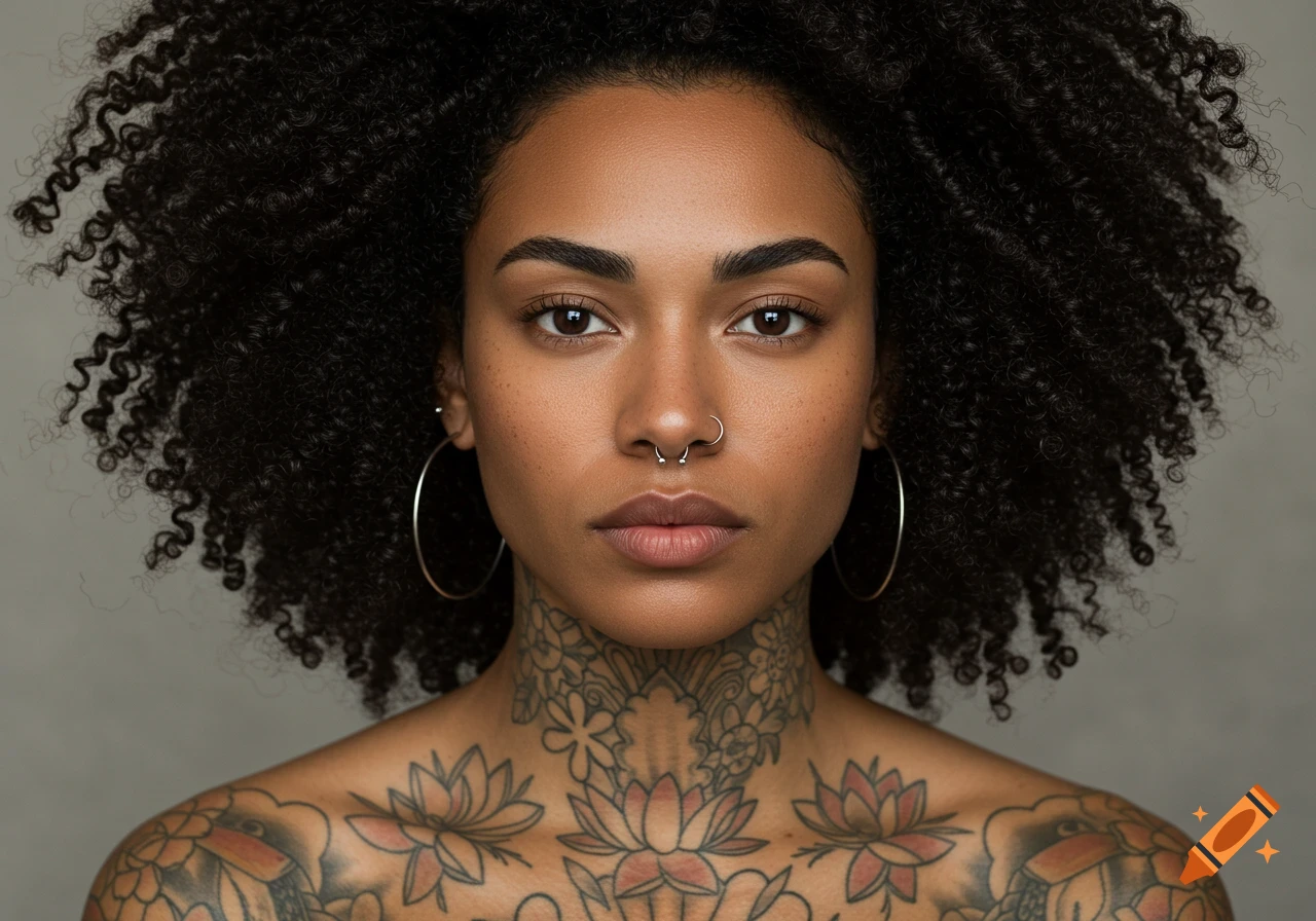 Close-up portrait of a young woman with dark curly hair, a septum piercing, large hoop earrings, and detailed floral tattoos on her neck, chest, and shoulders.