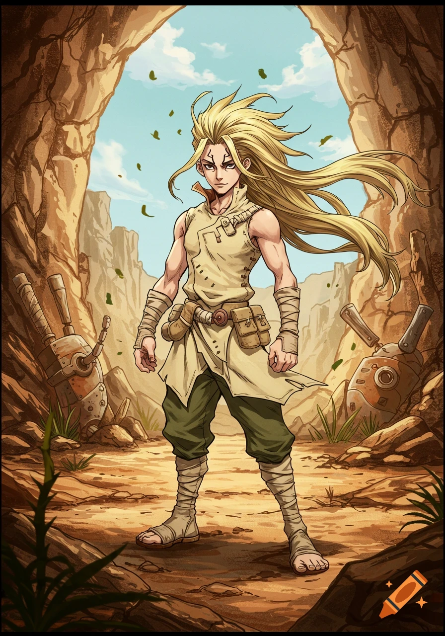An anime character with long blonde hair and tribal-like clothing stands in a rocky, barren landscape with remnants of machinery.