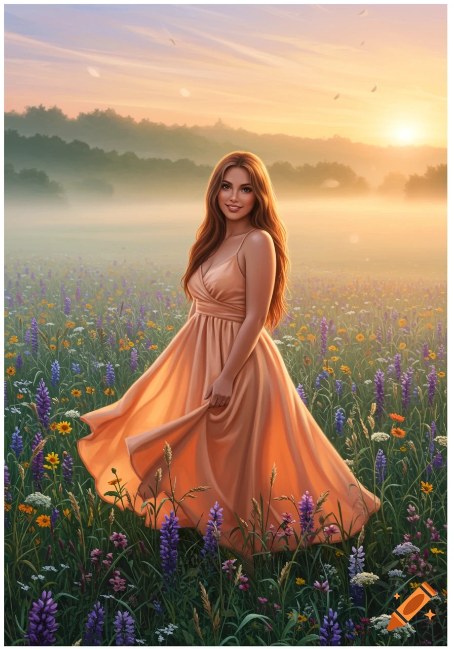 A woman with long brown hair in a flowing orange dress smiles in a field of colorful wildflowers at sunrise.