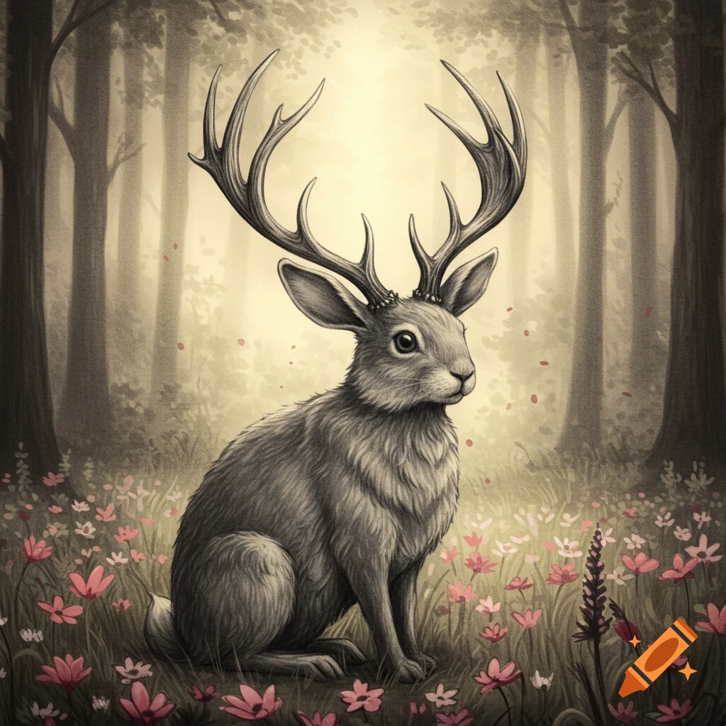 A detailed drawing of a rabbit with antlers, known as a jackalope, sitting in a forest clearing amidst pink flowers.