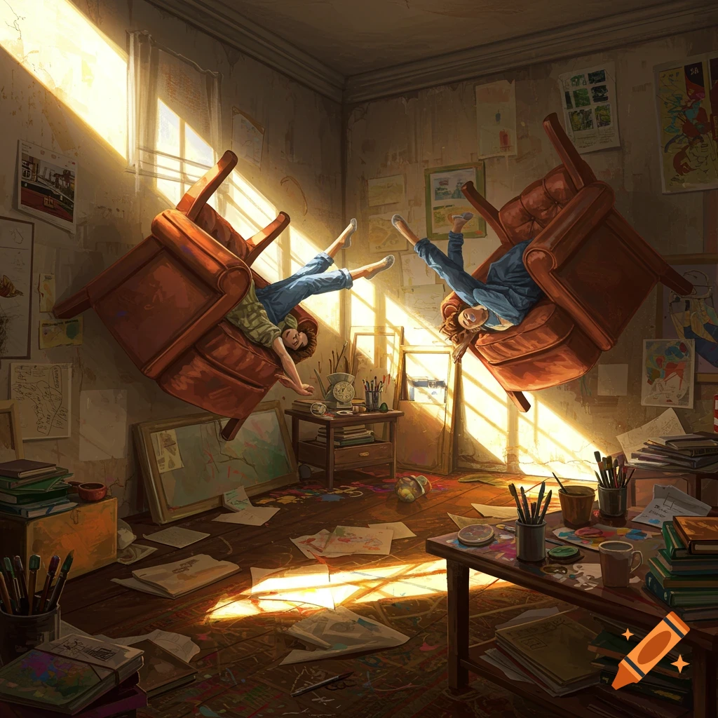 Two people are playfully lying upside down on floating armchairs in a sunlit, cluttered art studio, surrounded by papers and art supplies.