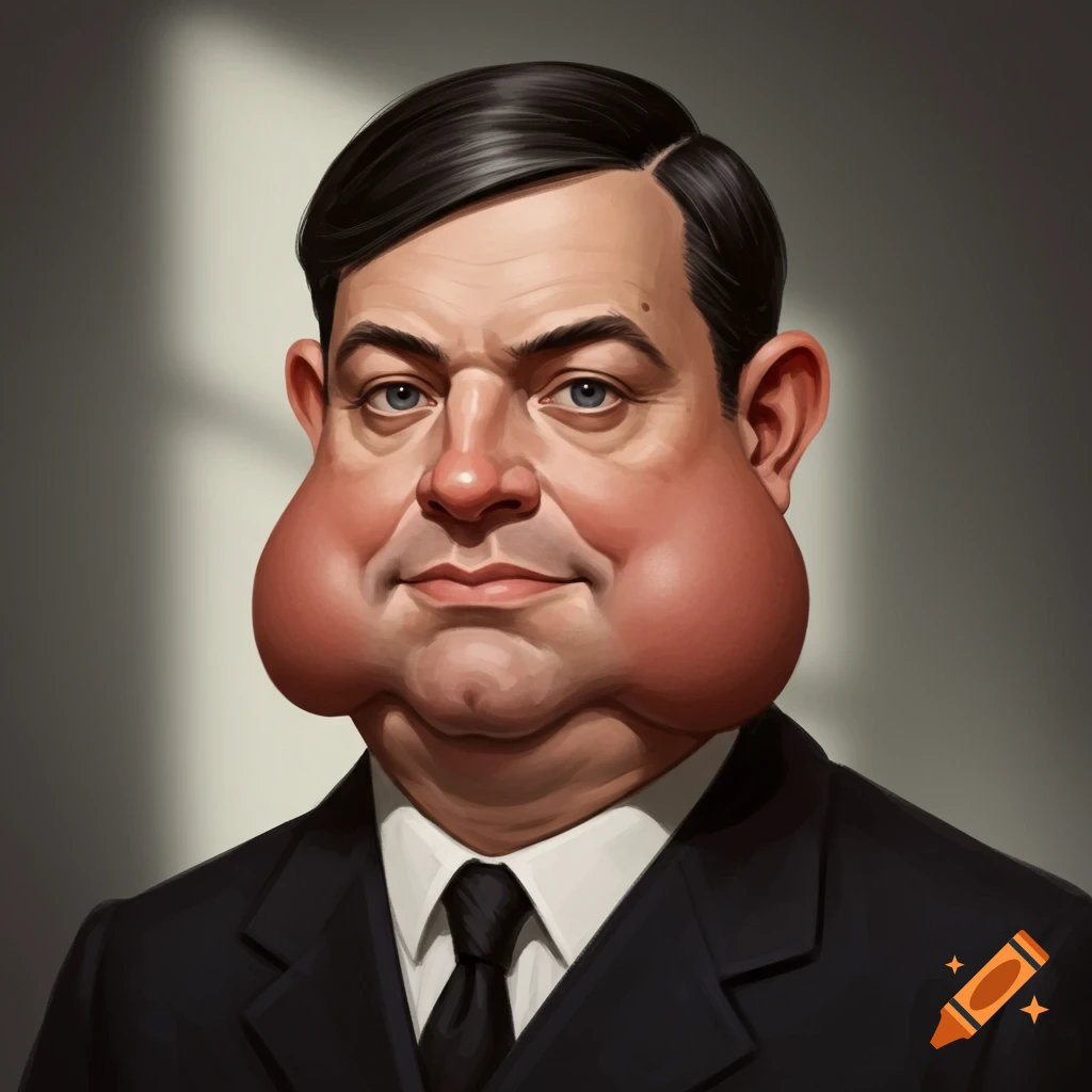 A man with exaggerated puffy cheeks and dark hair, wearing a dark suit and tie, depicted in a realistic caricature style.