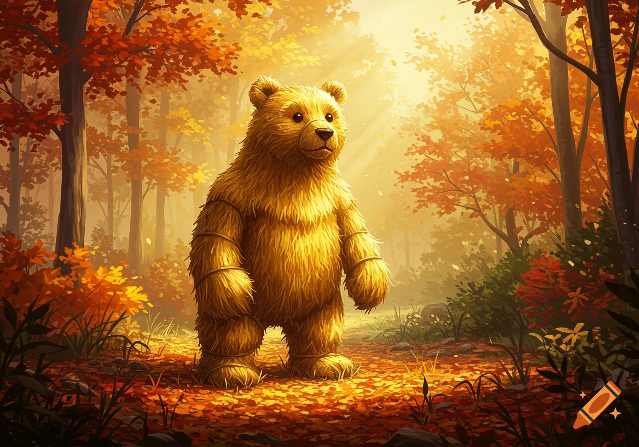 A vibrant illustration of a straw bear standing in a sunlit autumn forest with fallen leaves.