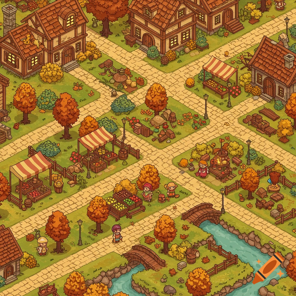 Isometric pixel art of a cozy autumn village scene with market stalls, houses, stone paths, and a river with bridges.