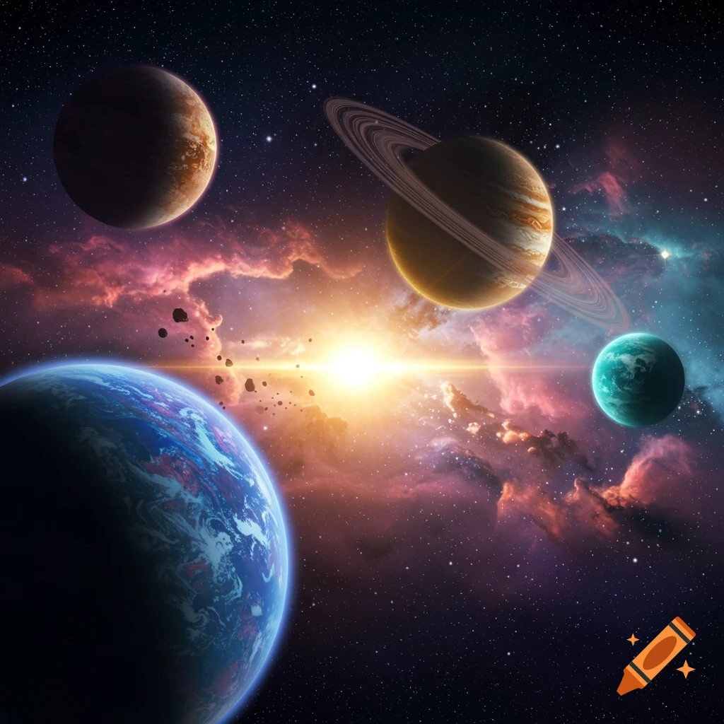 A vibrant space scene with multiple planets, a ringed planet, asteroids, a bright sun, and colorful nebulae.