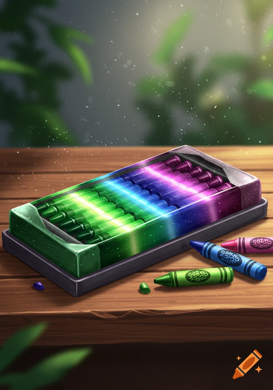 A box of glowing, rainbow-colored crayons sits on a wooden table, with green, blue, and pink crayons scattered nearby.