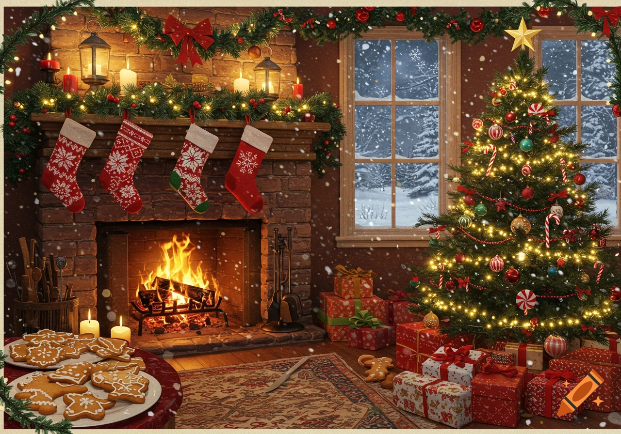 A cozy Christmas scene with a fireplace, stockings, a brightly lit Christmas tree, presents, and gingerbread cookies, while snow falls outside a window.