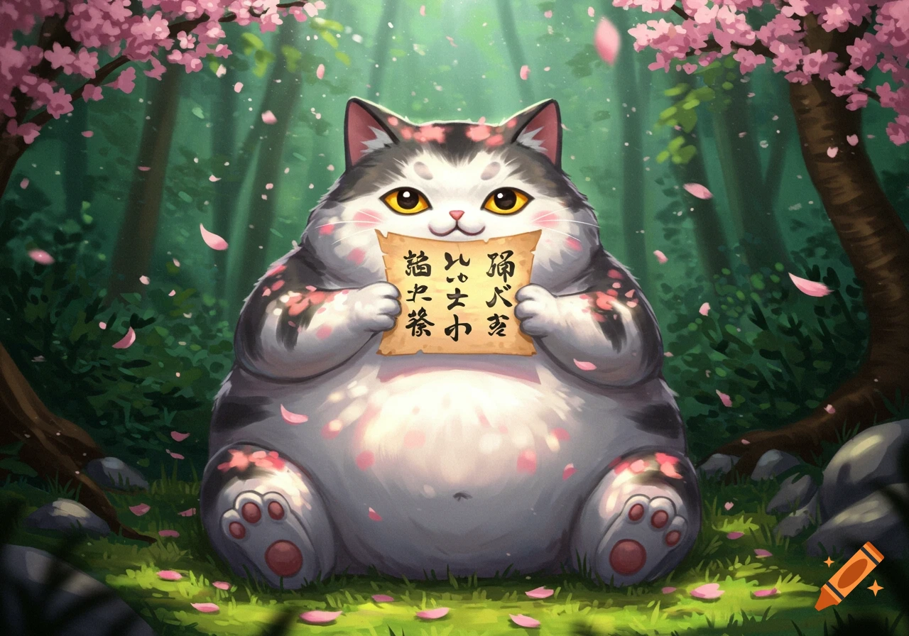 A fluffy, portly cat with white and grey fur sits amidst falling pink cherry blossoms in a lush green forest, holding an old scroll with illegible text.