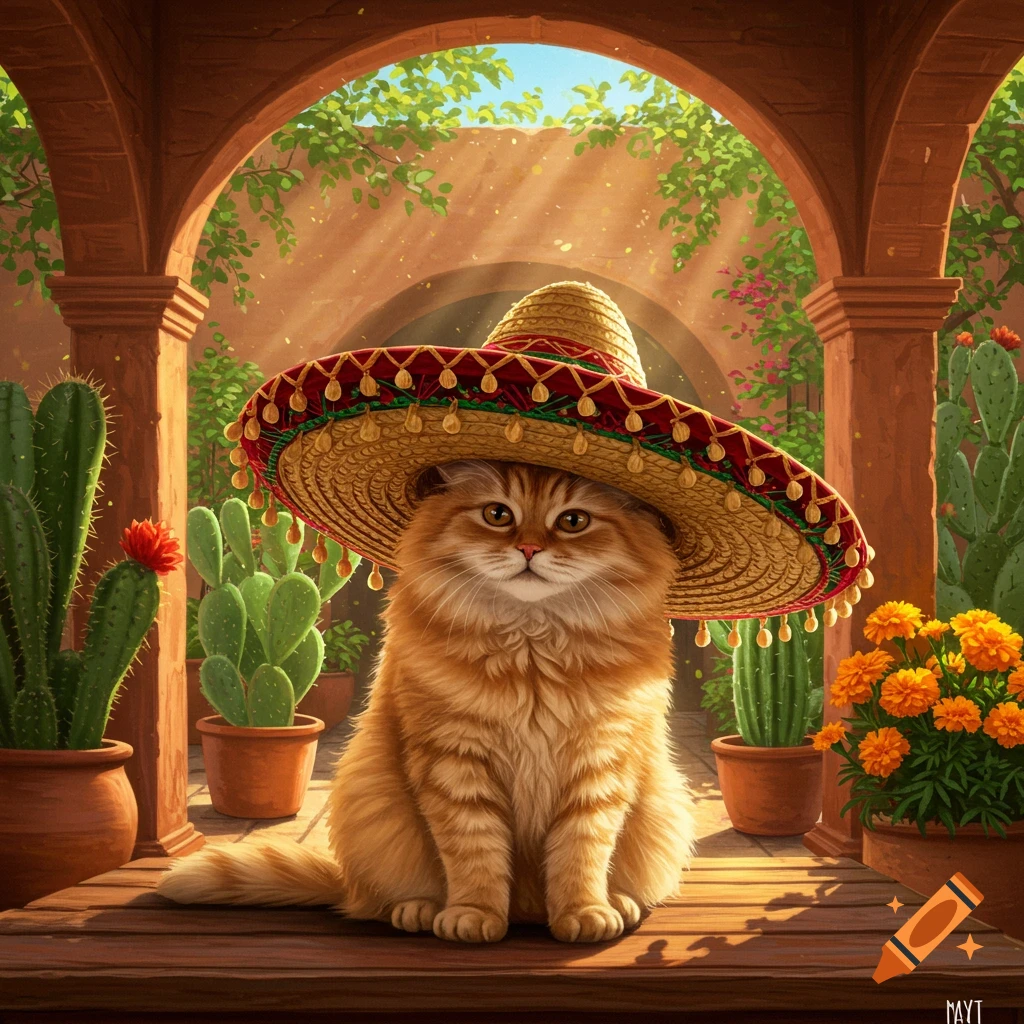 A fluffy orange cat wearing a large sombrero sits on a wooden ledge in a sunlit Mexican-style courtyard with cacti and marigold flowers.