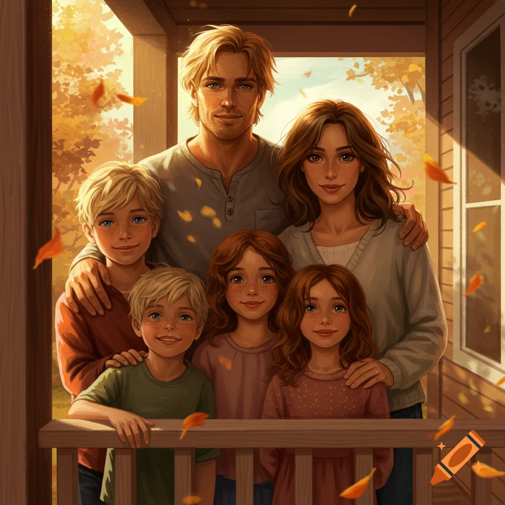 A smiling animated family of six, with two parents and four children, standing on a porch with autumn leaves falling around them.