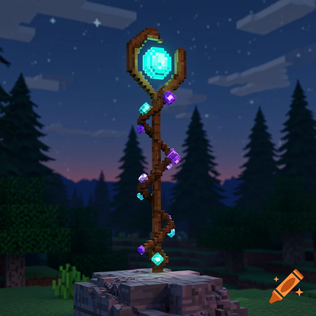 A pixelated wizard's staff with glowing blue and purple gems stands on a stone pedestal in a dark Minecraft forest.