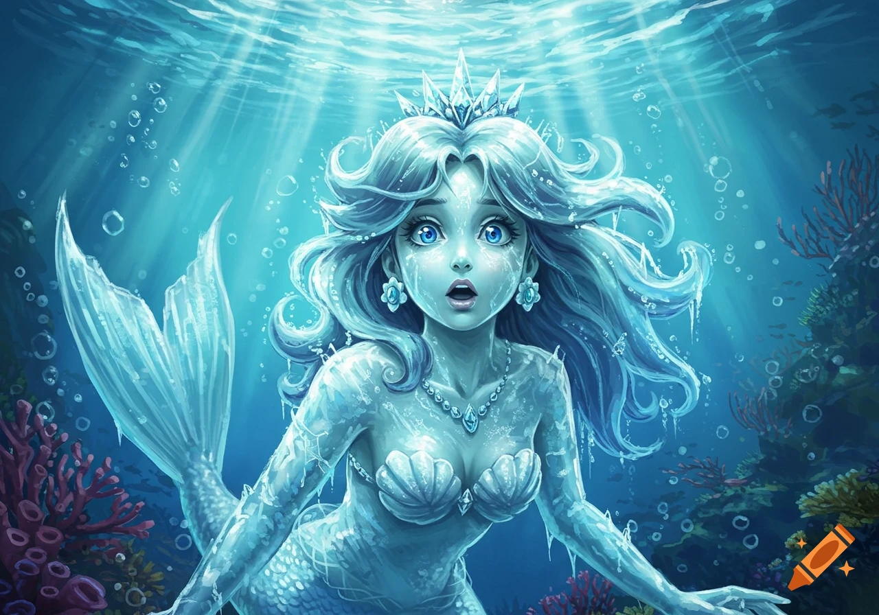 An icy mermaid princess with a crown and blue eyes appears surprised underwater amidst coral and sunlight.
