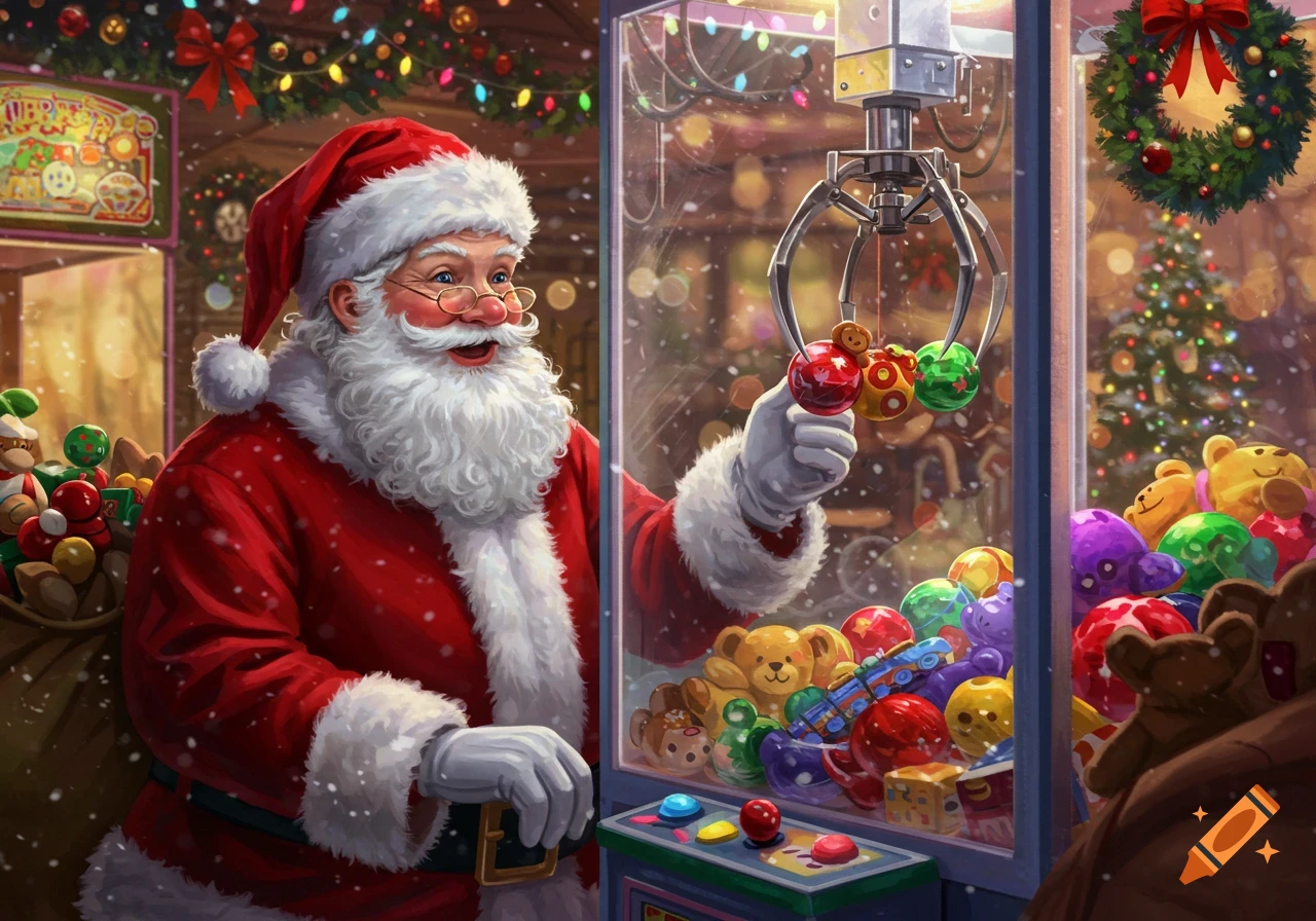Santa Claus in a red suit and hat plays a claw machine filled with colorful toys and Christmas ornaments in a festive, snowy scene.