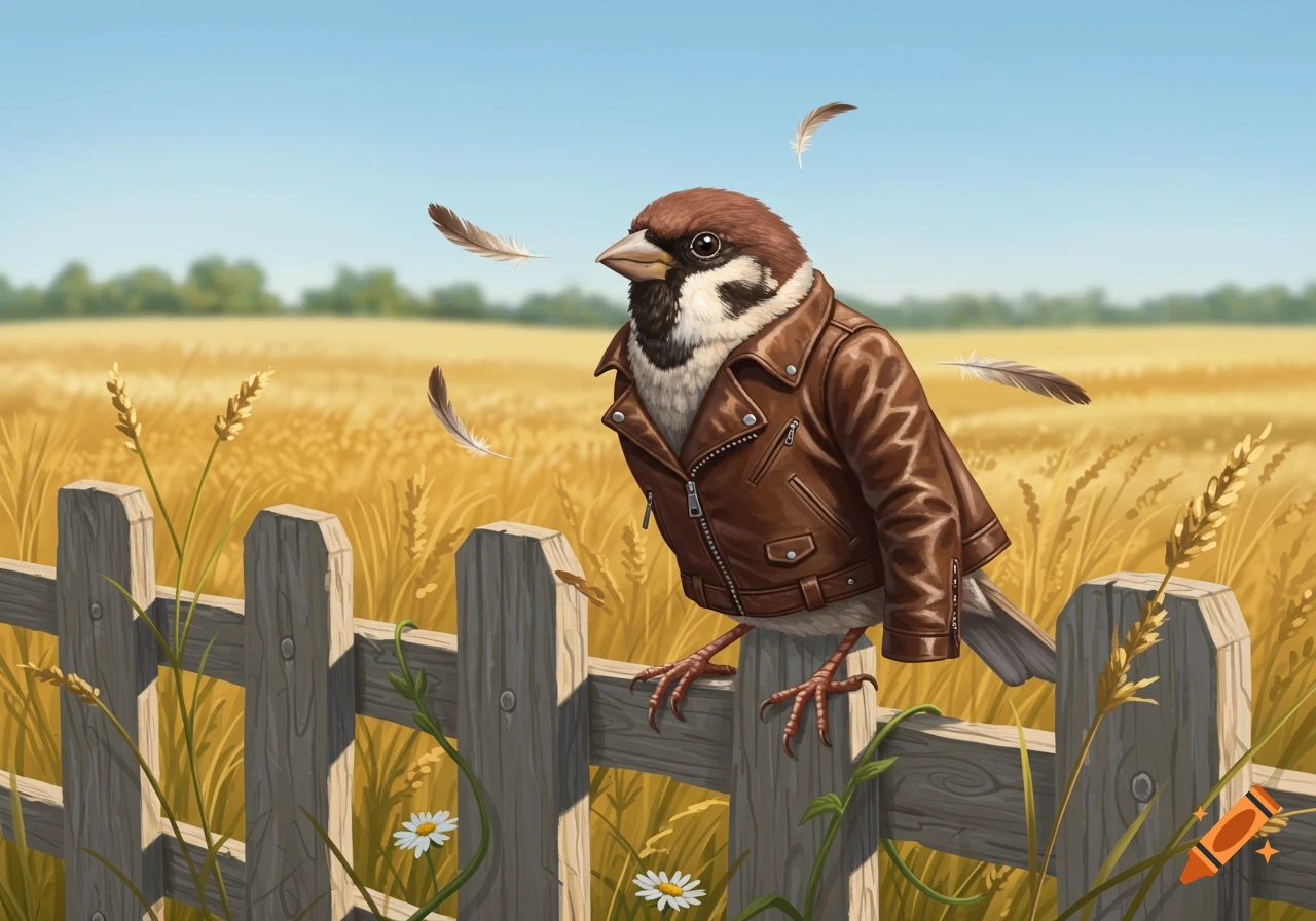 A stylized brown and white sparrow wearing a brown leather jacket sits on a wooden fence in a sunny wheat field with feathers floating around.