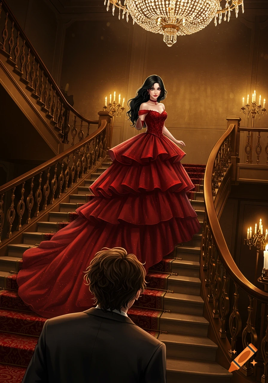 A woman in a red ball gown stands on a grand staircase as a man looks up at her in this digital illustration.