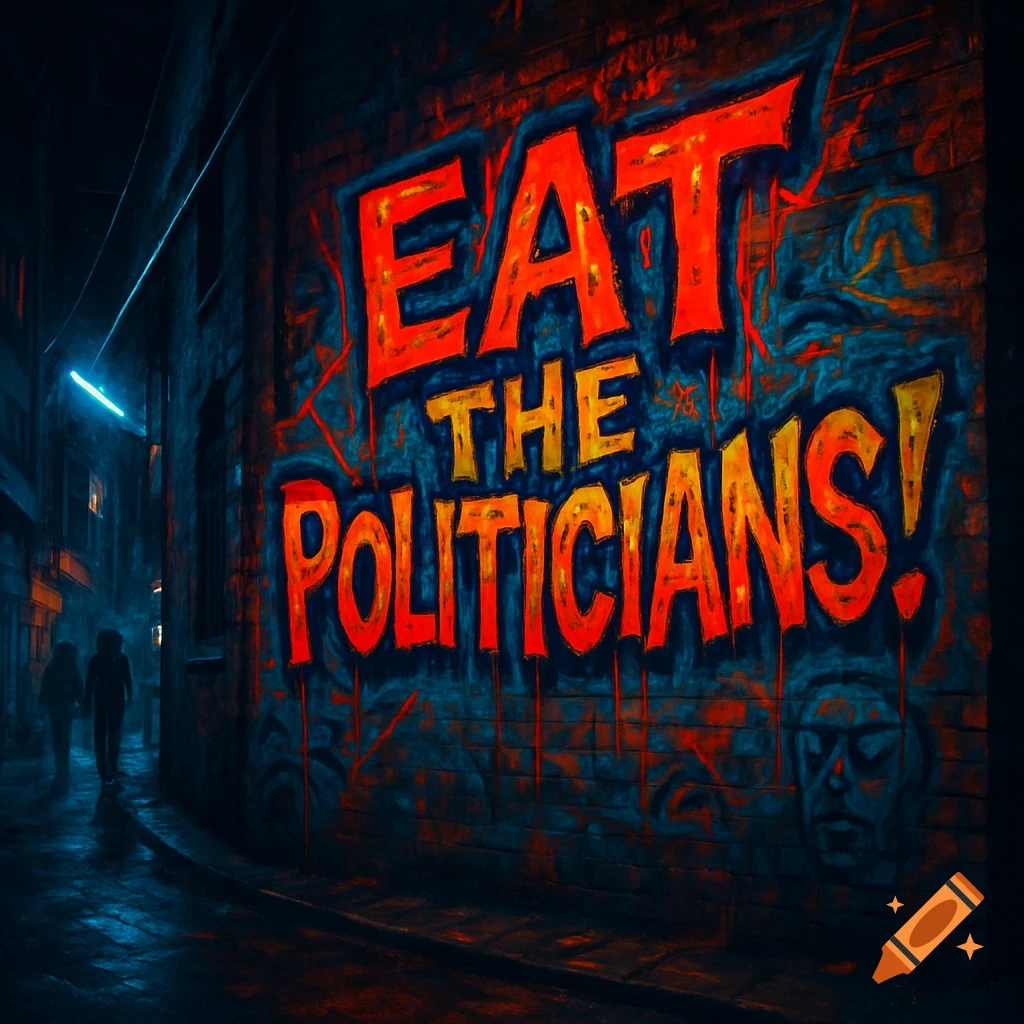 Vibrant graffiti reading 'EAT THE POLITICIANS!' on a dark brick wall in a gritty urban alley at night, with two figures walking in the distance.