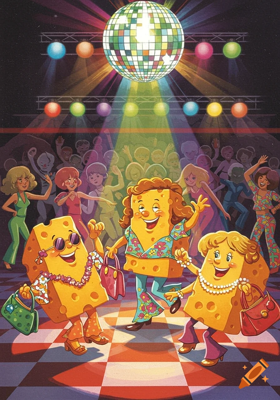 Cartoon cheese characters in 70s disco attire dance under a disco ball on a checkered floor, with a crowd in the background.
