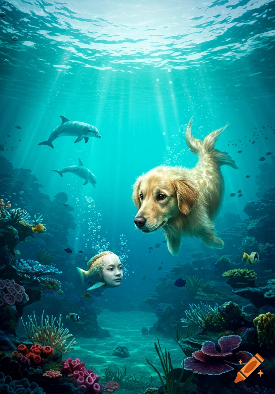 A golden retriever with a fish tail swims in clear blue ocean water with dolphins, while a fish with a human face swims below near colorful coral reefs.