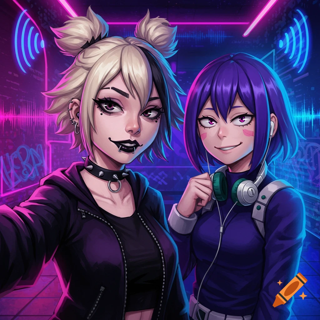 Two anime-style girls, one with blonde space buns and piercings, the other with short purple hair and headphones, pose for a selfie in a neon-lit, cyberpunk-style alley.