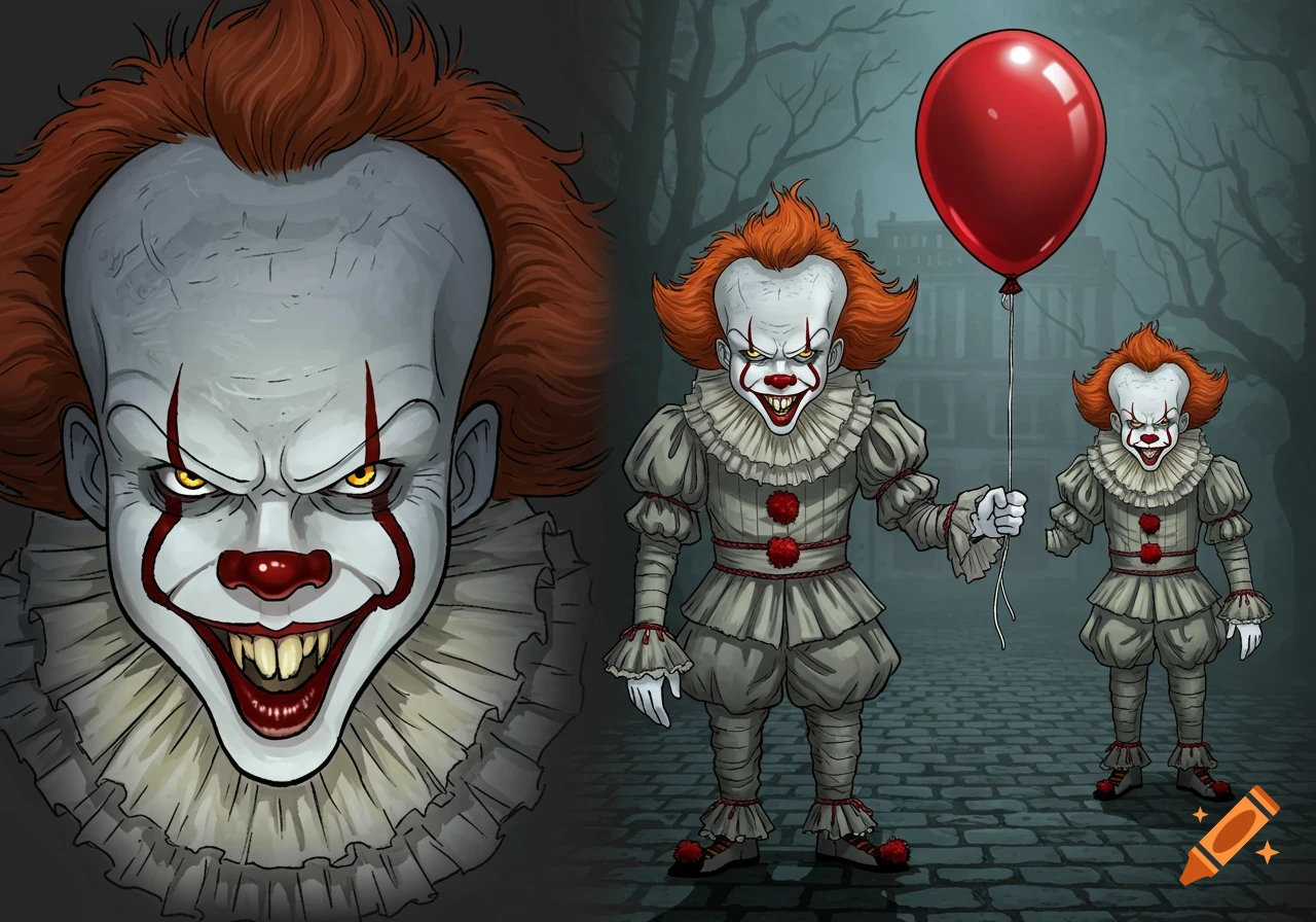 Cartoonish illustration of Pennywise the clown with a red balloon, featuring a close-up and two full figures against a spooky background.