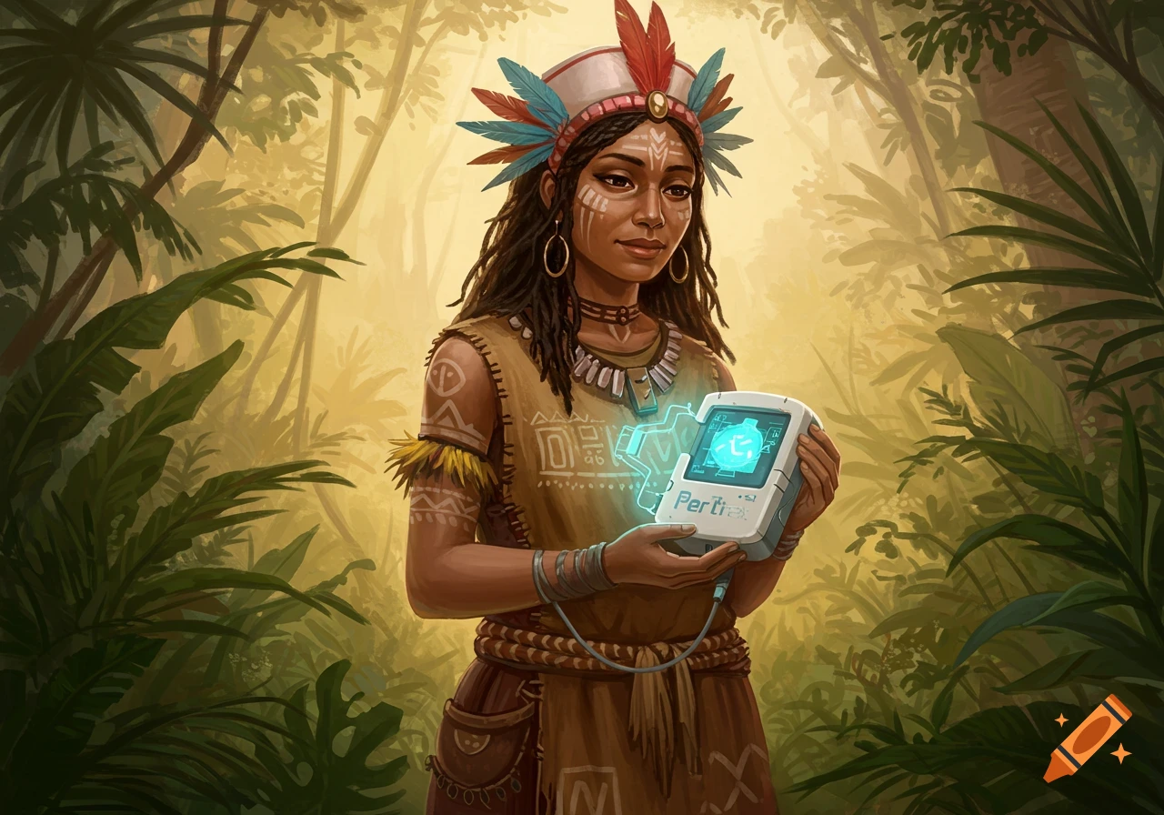 A woman in tribal attire and feathered headdress holds a glowing futuristic device in a lush jungle setting.
