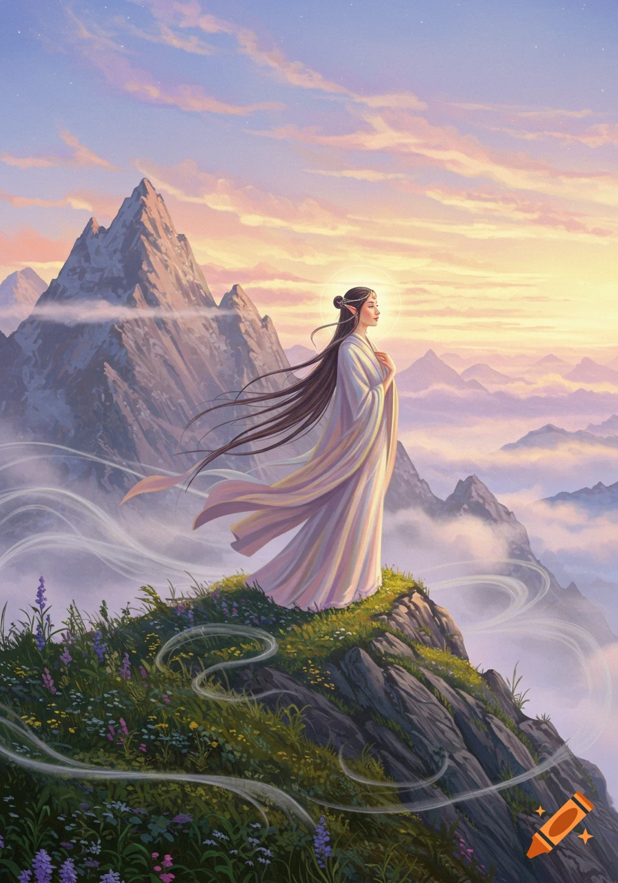 An ethereal woman with long dark hair in a flowing white gown stands on a mountain peak at sunrise, overlooking misty valleys.