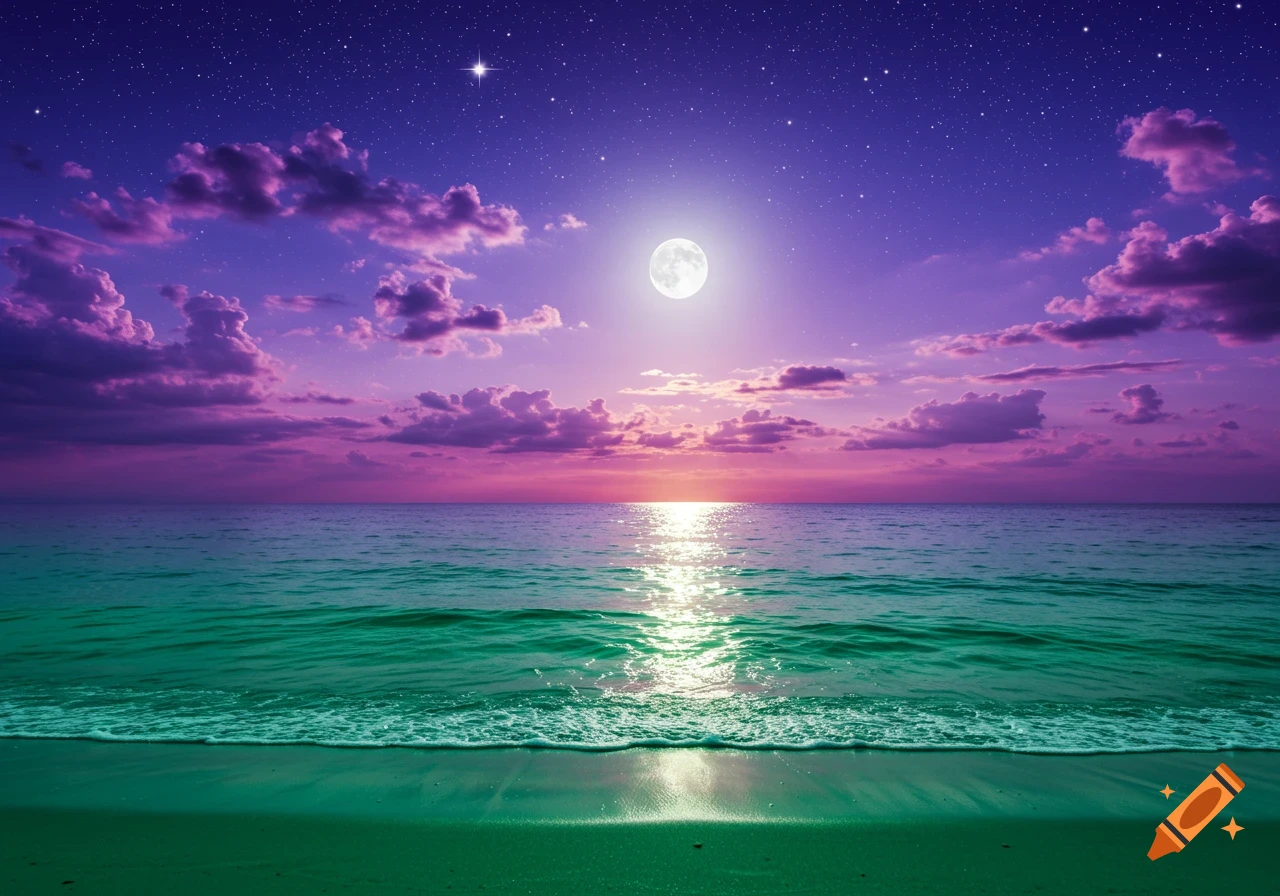 A vibrant full moon and sunset over a green sand beach and emerald ocean under a starry purple sky.