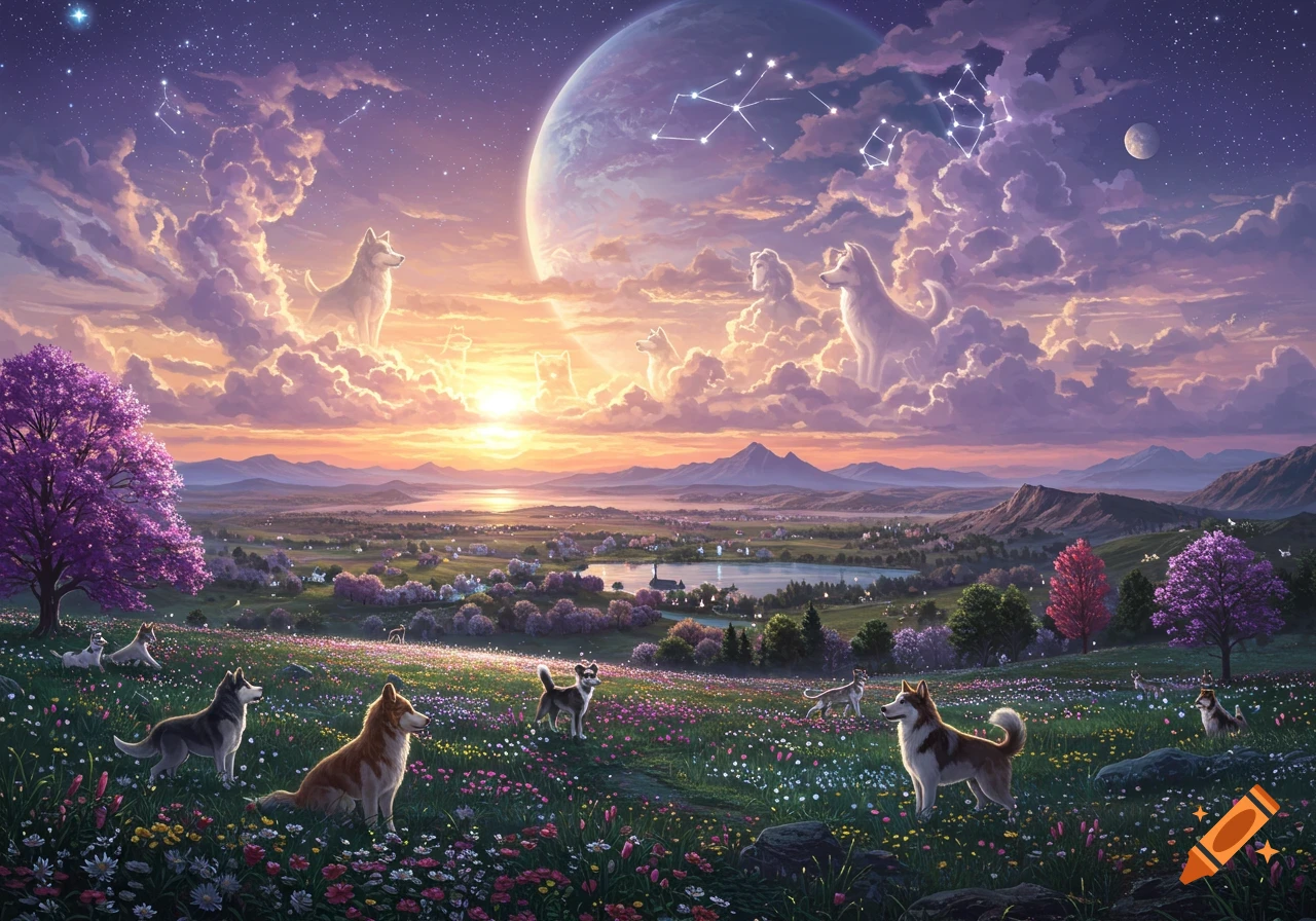 A majestic fantasy landscape at sunset with a large planet and constellations in the sky. Dogs, some ethereal in clouds, fill a vibrant flower field.