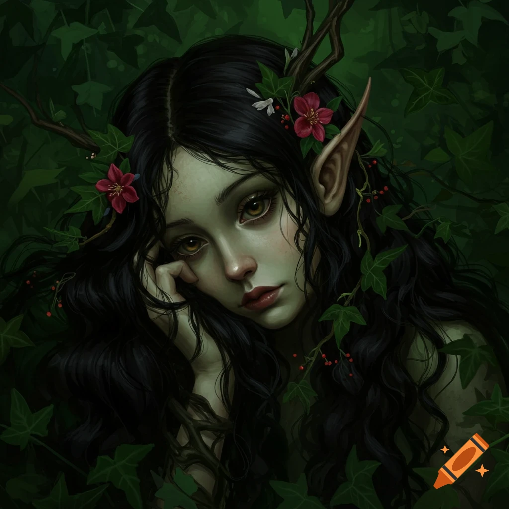 Dark fantasy portrait of a pale-skinned nymph with long black hair, ivy, and red flowers, resting head on hand amidst green foliage.