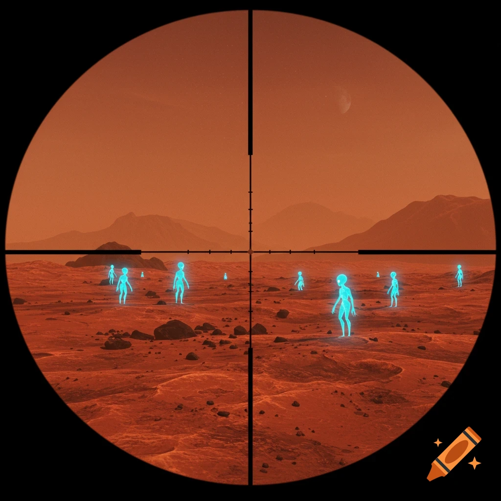 A scope view of glowing blue aliens on the red, rocky surface of Mars, with distant mountains and a moon in the sky.