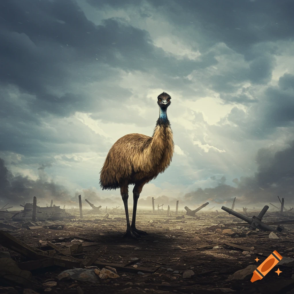 An emu stands in a desolate, war-torn landscape under a stormy sky, looking directly at the viewer.