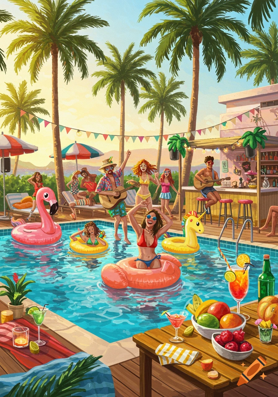 A vibrant illustration of a lively pool party with many people swimming, playing music, and relaxing under palm trees at sunset.