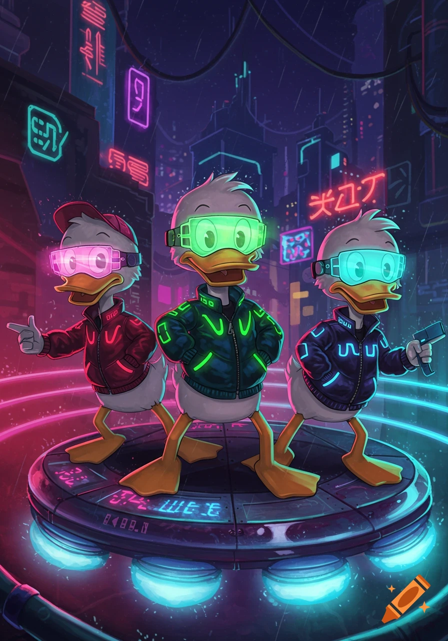 Huey, Dewey, and Louie from DuckTales stand on a hoverboard in a neon-lit cyberpunk city, wearing futuristic jackets and goggles.