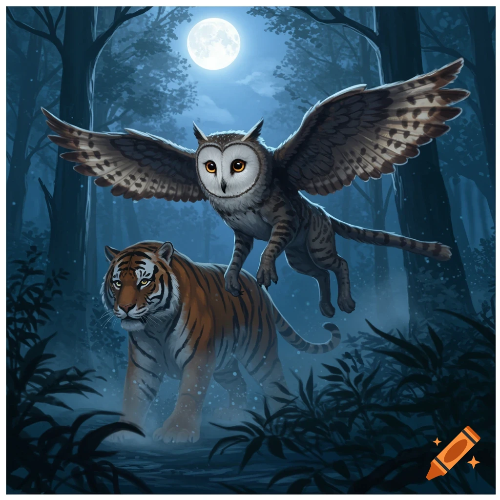 A fantastic owl-cat creature flies above a tiger in a dark, moonlit forest, illustrated in a fantasy style.