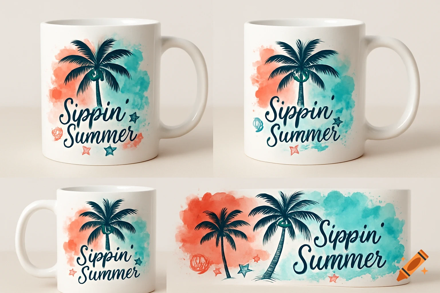 Four white mugs with a vibrant 'Sippin' Summer' design, featuring a dark palm tree, red and teal watercolor splashes, and small stars.