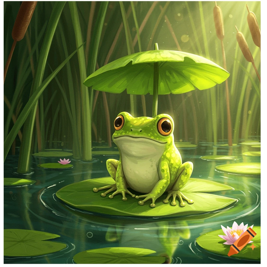 A cute green frog with big eyes sits on a lily pad, holding a leaf umbrella, in a pond with reeds and water lilies, illustrative style.