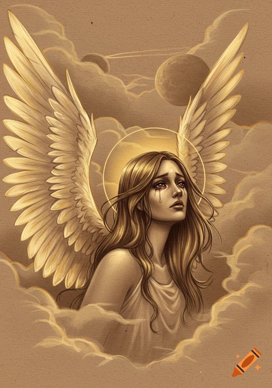 Sepia-toned illustration of a golden-winged angel with a halo, looking up and crying in agony amidst clouds on a brown paper background.