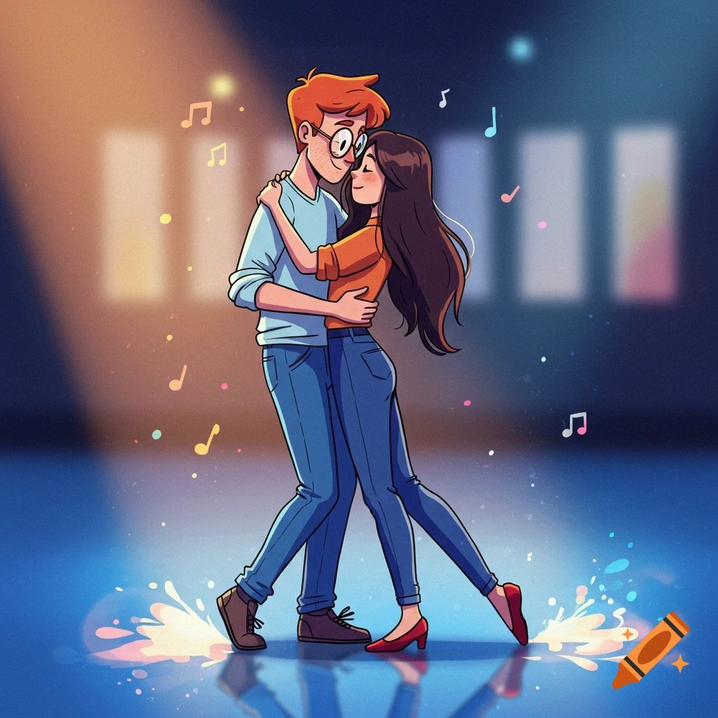 Cartoon of a red-headed man and a long-haired brunette slow dancing on a blue floor with musical notes floating around.