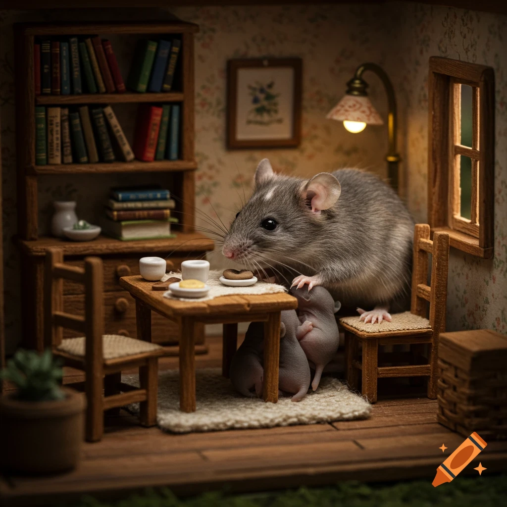 A large gray and white mouse tending to two tiny baby mice in a cozy, photorealistic miniature dollhouse room with small wooden furniture and a bookshelf.