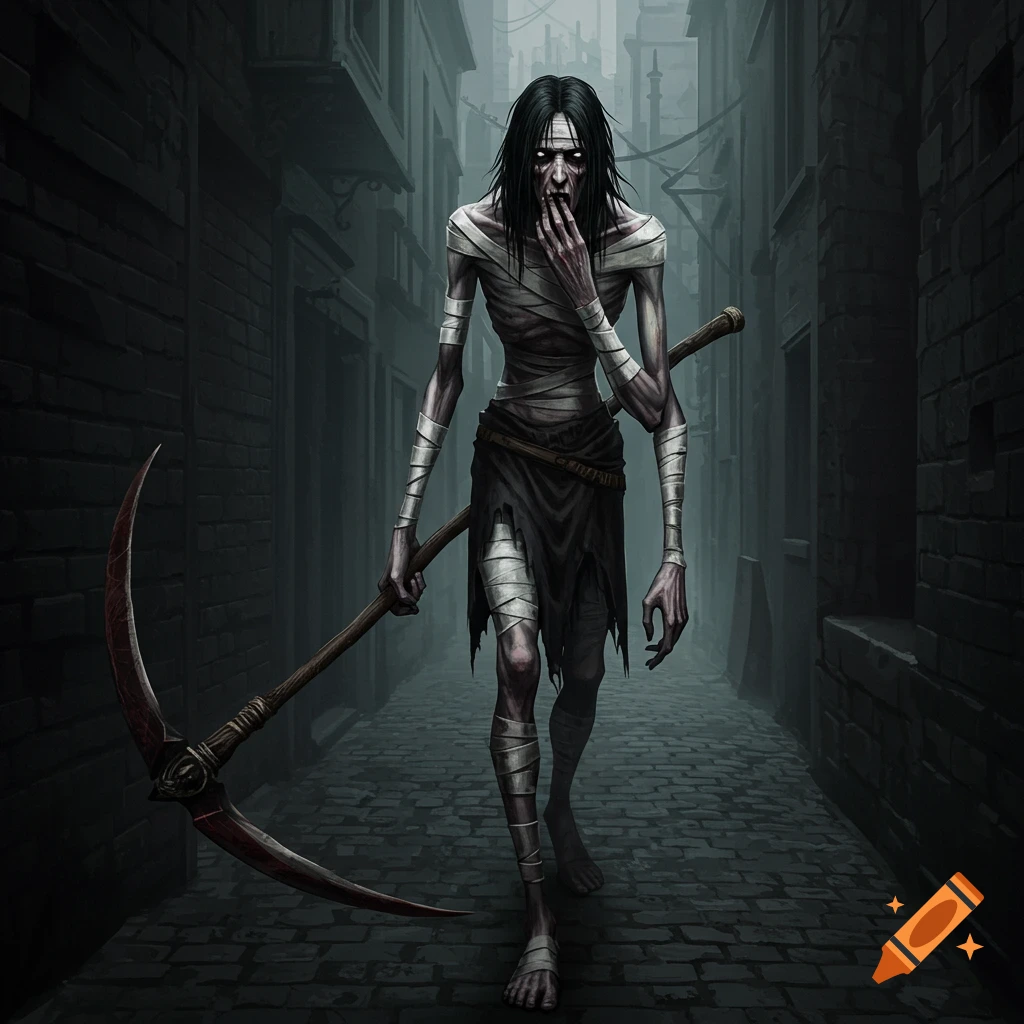 A tall, gaunt figure wrapped in bandages, with long black hair and a large scythe, walks down a dark, misty cobblestone alley.