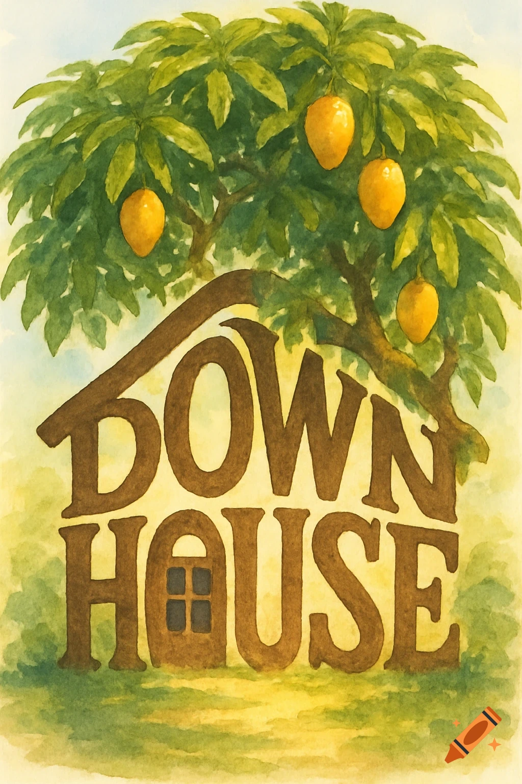 Watercolor illustration of the words 'DOWN HOUSE' forming a house shape under a mango tree.