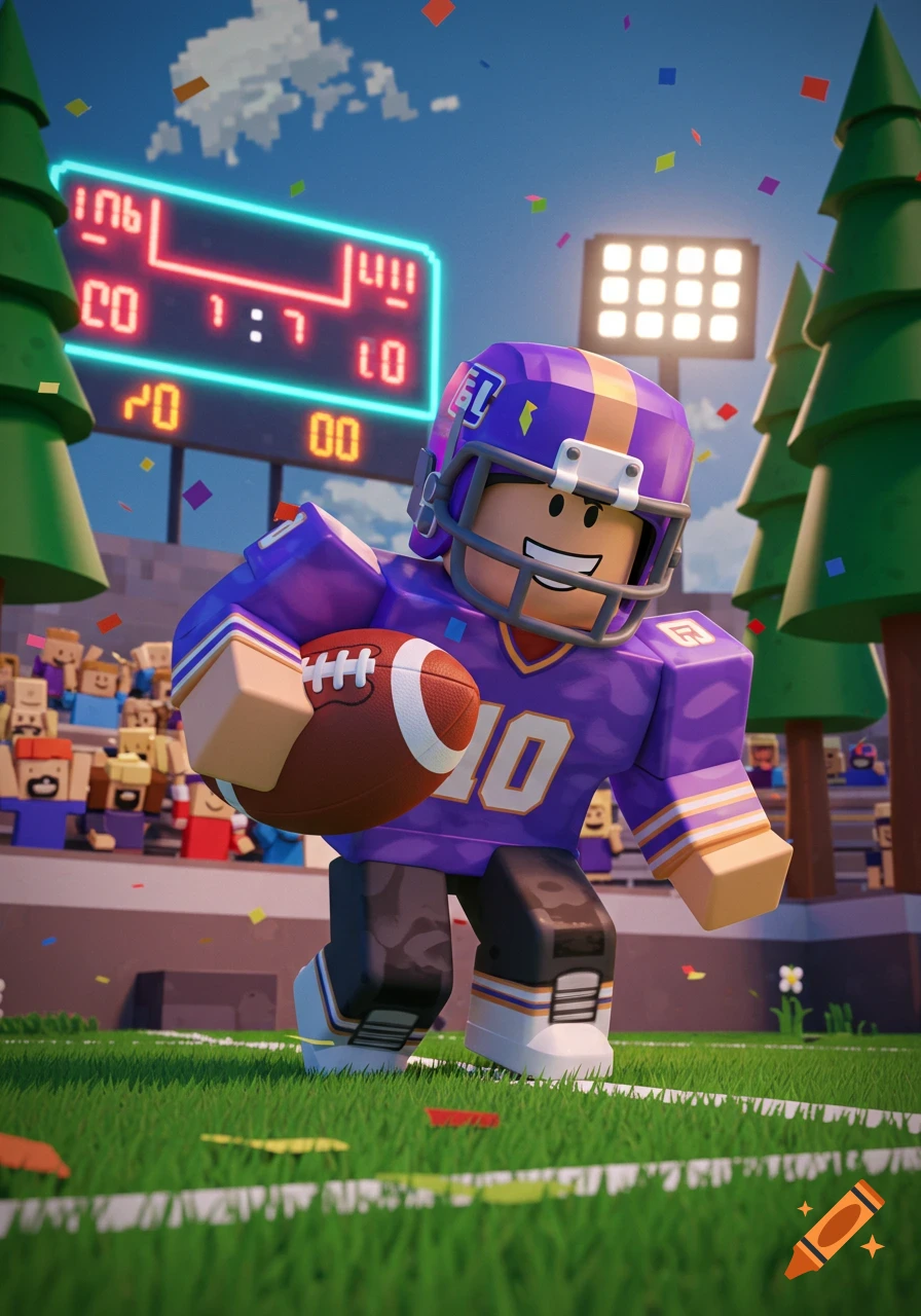 A Roblox character in a purple football uniform holds a football on a field with a scoreboard and confetti, in a video game style.