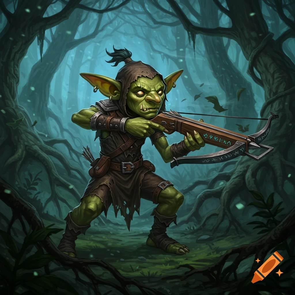 A green-skinned goblin in a hood and tattered clothes, holding a crossbow, stands in a dark, magical forest. Illustrated fantasy art.