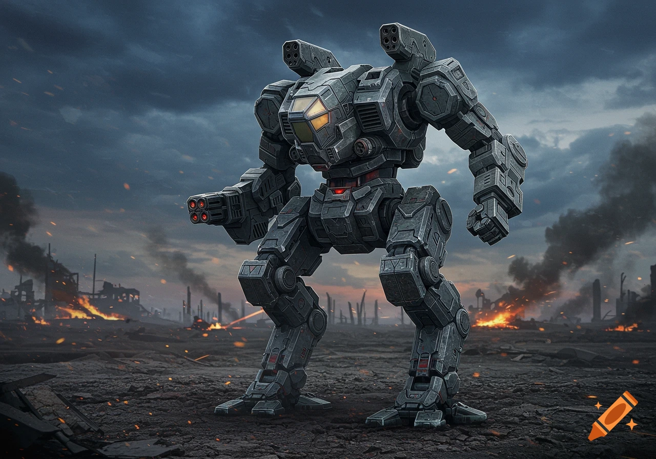 A large grey battle mech stands in a ruined, fiery landscape under a stormy sky.