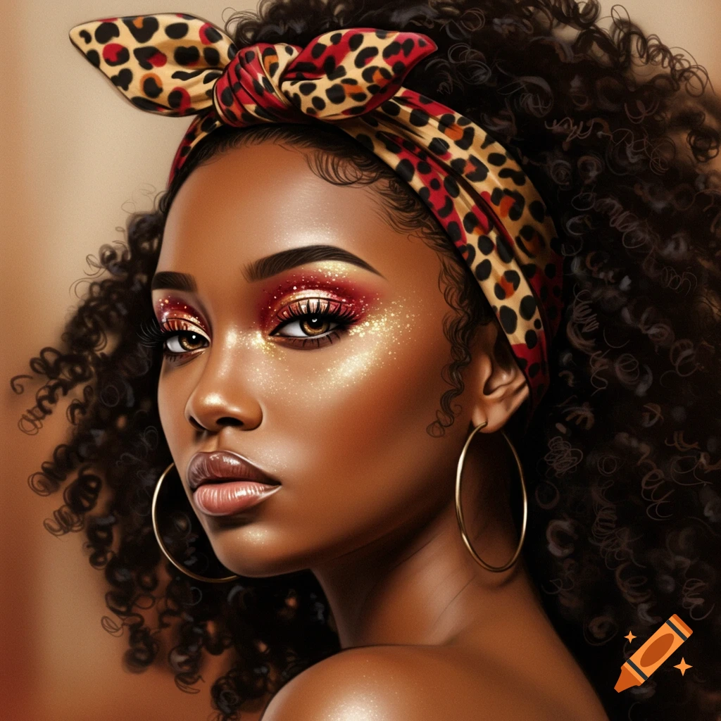 A close-up portrait of a Black woman with curly hair and a leopard print headband, featuring dramatic red and gold glitter eyeshadow and full eyelashes.