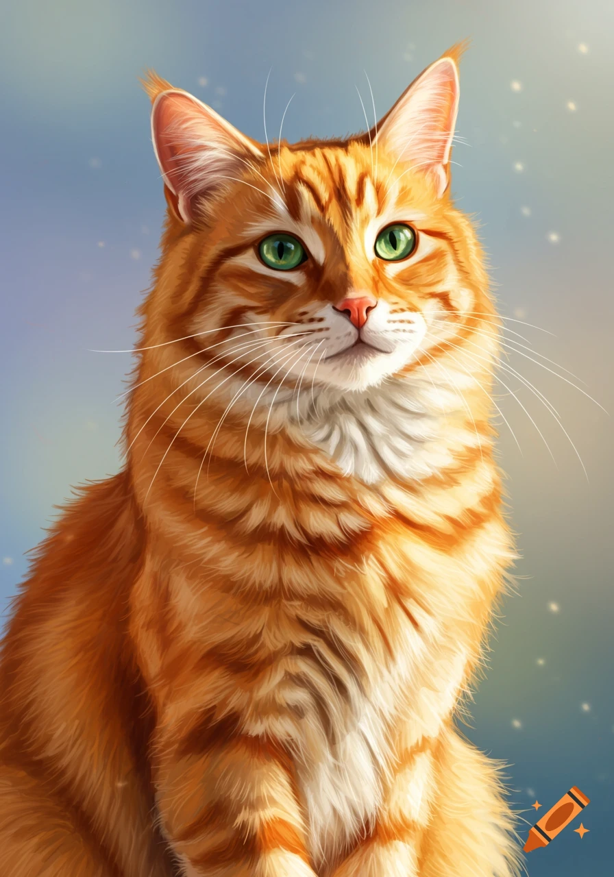 A detailed portrait of an orange tabby cat with bright green eyes against a soft blue background.