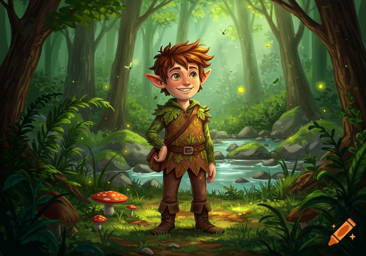 A smiling cartoonish elf boy with pointed ears and brown hair stands in a vibrant green forest by a stream, with mushrooms and fireflies.