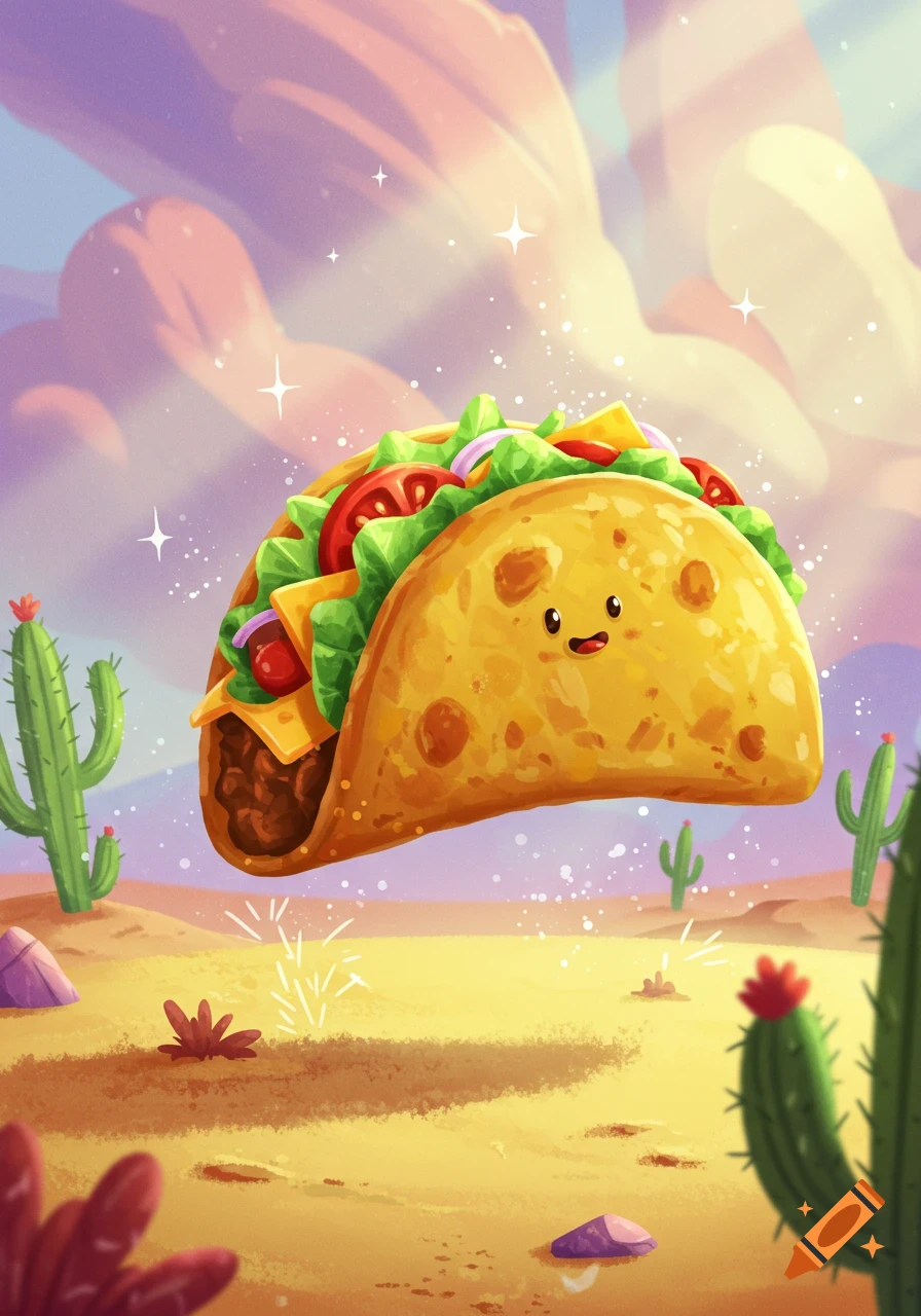 A whimsical, anthropomorphic taco with a happy face floats in a vibrant desert landscape under a pastel sky.