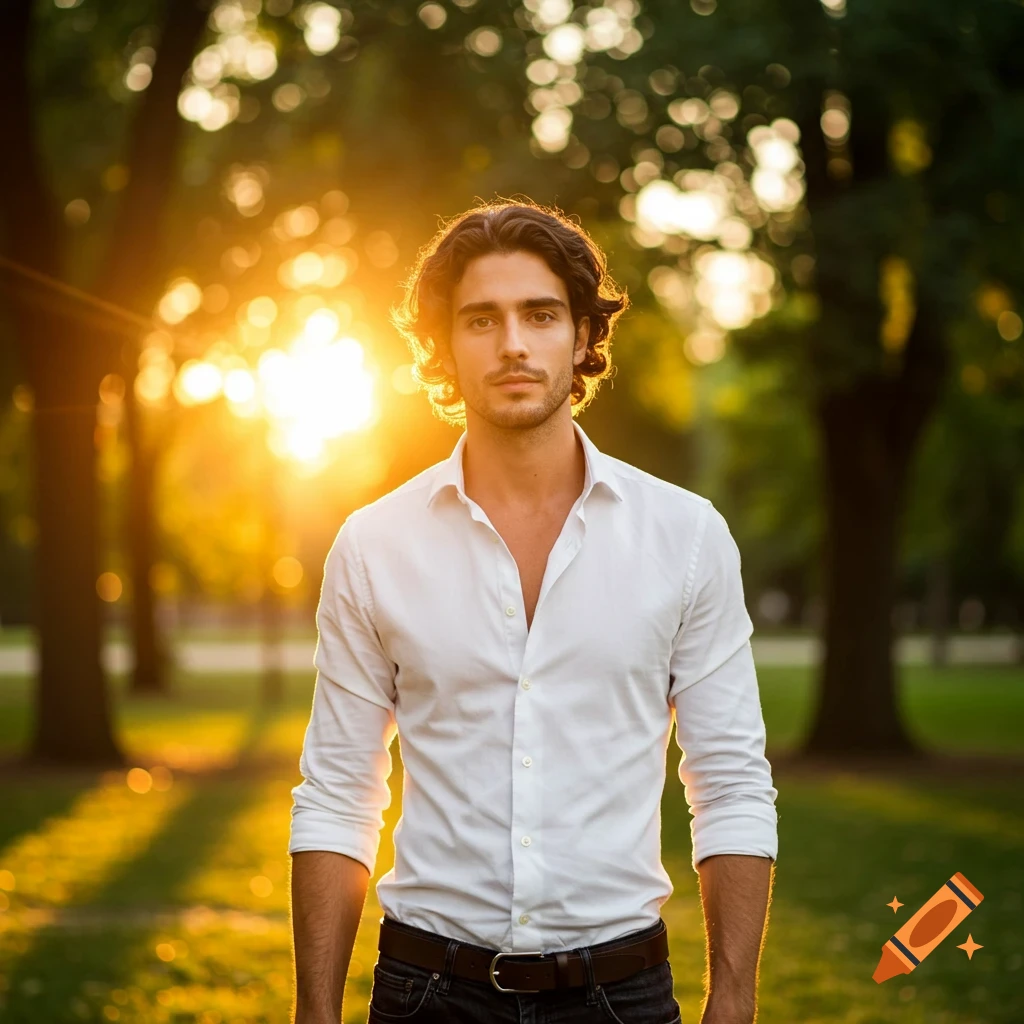 A handsome man with wavy brown hair and a white shirt stands in a sunlit park during golden hour, looking calm.