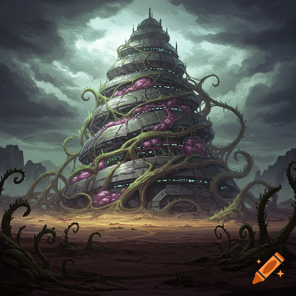 A spiraling alien building overgrown with thorny green vines and pink fleshy masses on a barren landscape under a gloomy sky, in a digital painting style.